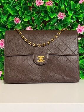 RARE Vintage CHANEL 24k Caviar Leather Dark Brown Quilted Jumbo Single Flap Bag
